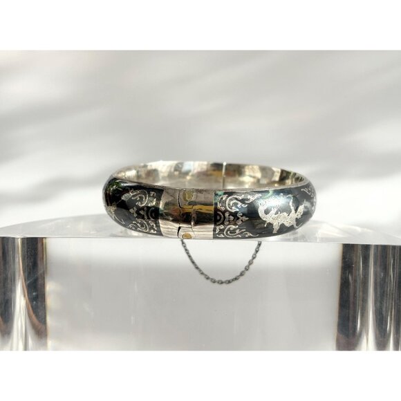 Siam Sterling Silver 925 Hand Carved Hinged Enclosure Vintage Bangle Bracelet - Picture 15 of 16